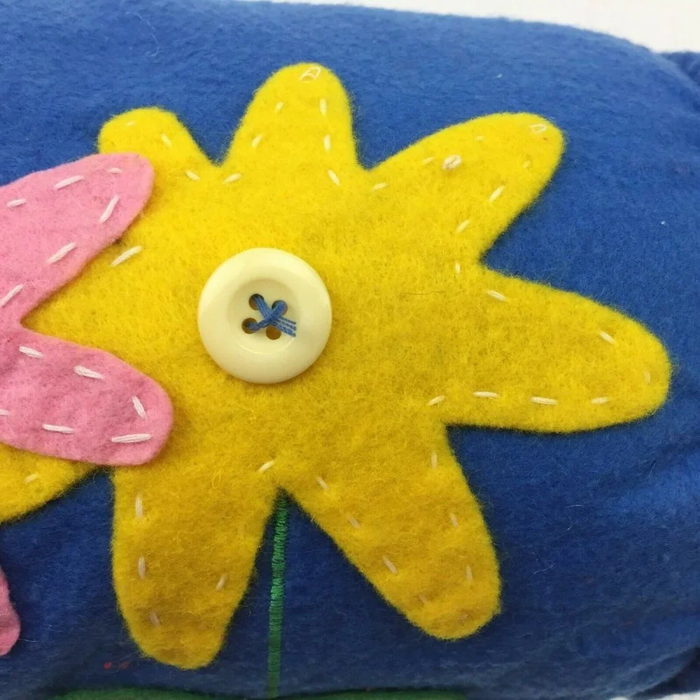 Home Decor Blue Felt Bolster Pillow Floral Red Pink Yellow Flowers Buttons